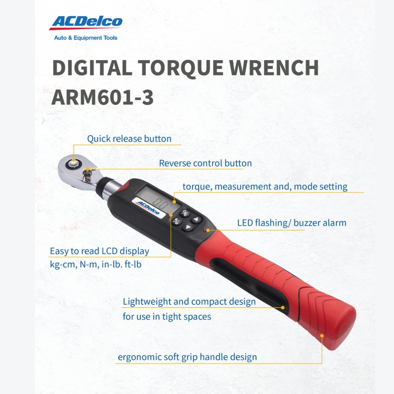 ACDelco ARM601-3 3/8â€ (3.7 to 37 ft-lbs.) Digital Torque Wrench with Buzzer and LED Flash Notification â€“ ISO 6789 Standards with Certificate of Calibration - Image 2