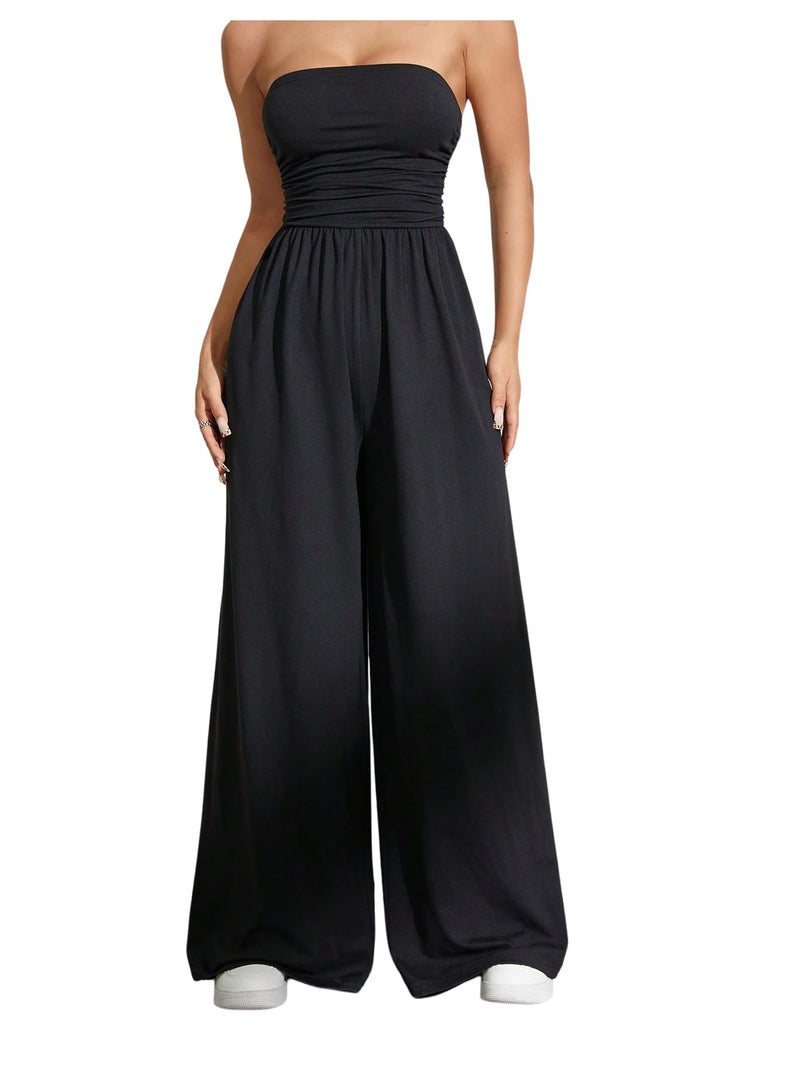 OYOANGLE Women's Strapless Jumpsuits Ruched Wide Leg Tube Romper Vacation Going Out Summer Outfits Black Medium - Image 1