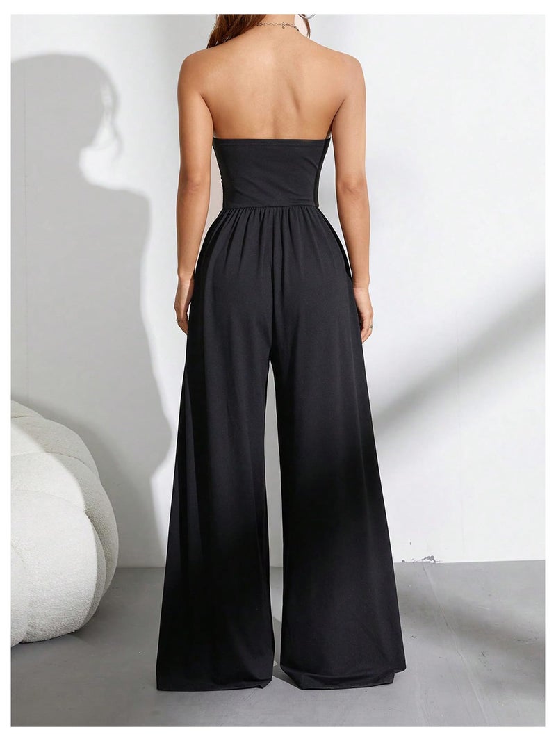 OYOANGLE Women's Strapless Jumpsuits Ruched Wide Leg Tube Romper Vacation Going Out Summer Outfits Black Medium - Image 2