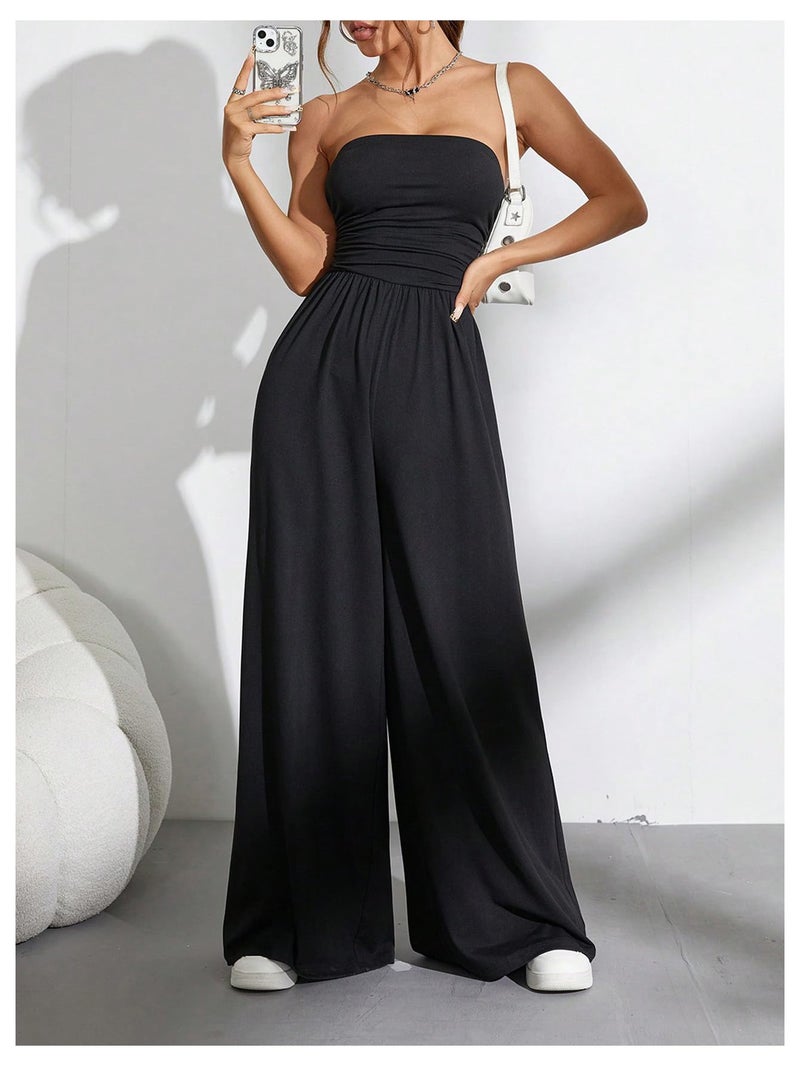 OYOANGLE Women's Strapless Jumpsuits Ruched Wide Leg Tube Romper Vacation Going Out Summer Outfits Black Medium - Image 5