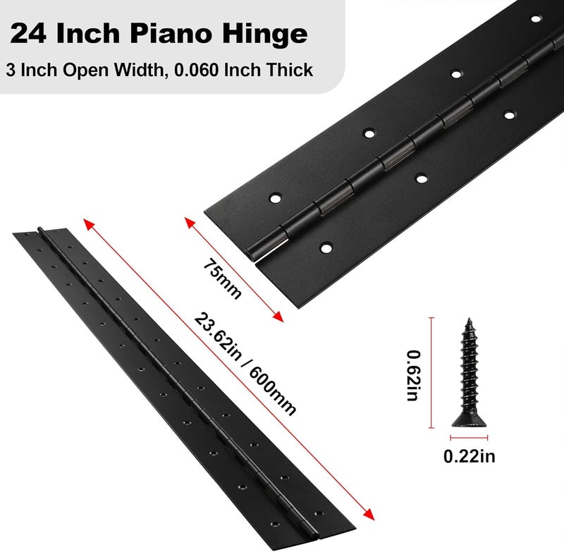 FVSEC 2 Pcs Heavy Duty Piano Hinge 24 Inch x 3 Inch Width, True 0.060'' Thick Stainless Steel Black Piano Hinge for Heavy Duty Cabinet, Door, Toolbox, Wooden Box, Metal Plate, Furniture, Industrial Project - Image 2
