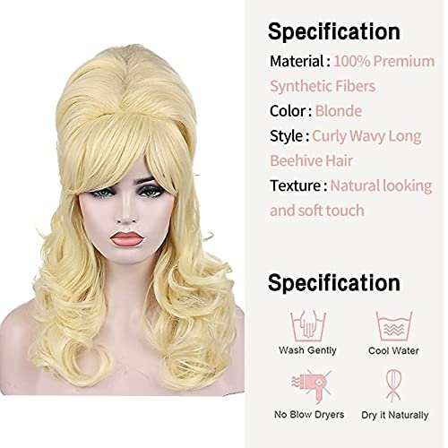 Kalyss Blonde Beehive Wig Women's Curly Wavy Long Heat Resistant Synthetic Hair Cosplay Costume Wigs (Blonde) - Image 5