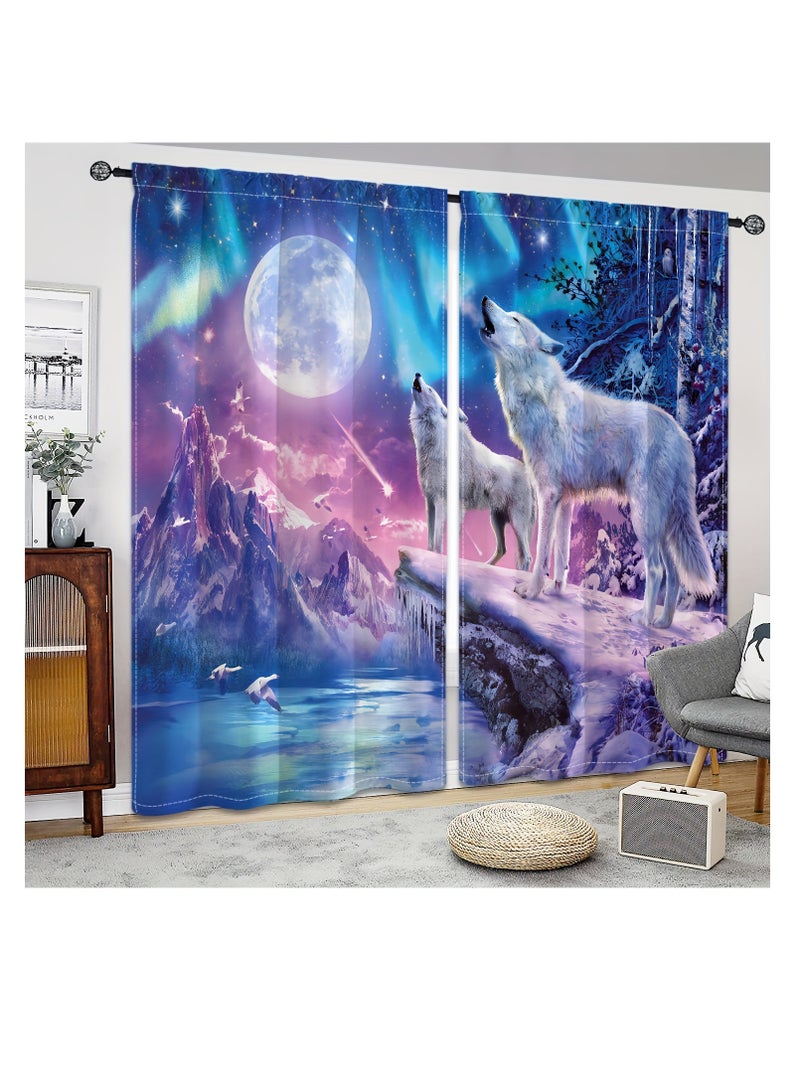 2pcs Wolf Moon Printing Curtain, Rod Pocket Window Treatment For Bedroom Office Kitchen Living Room Study Home Decor, Room Decoration Aesthetic Curtain - Image 1