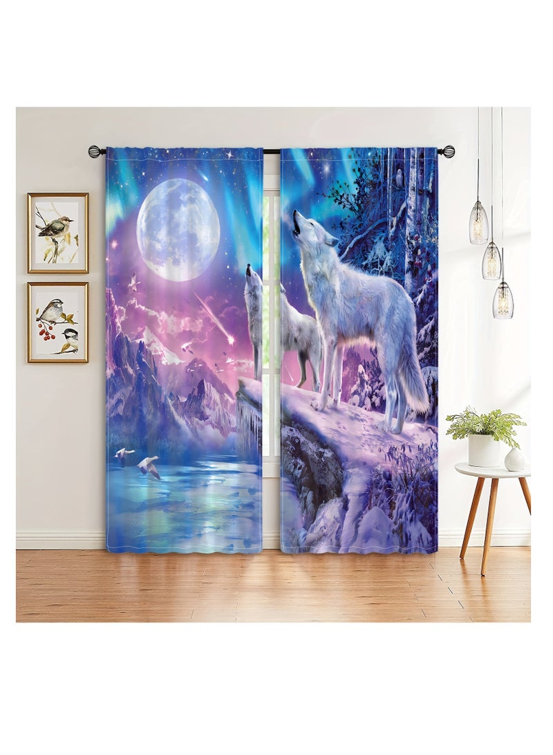 2pcs Wolf Moon Printing Curtain, Rod Pocket Window Treatment For Bedroom Office Kitchen Living Room Study Home Decor, Room Decoration Aesthetic Curtain - Image 2
