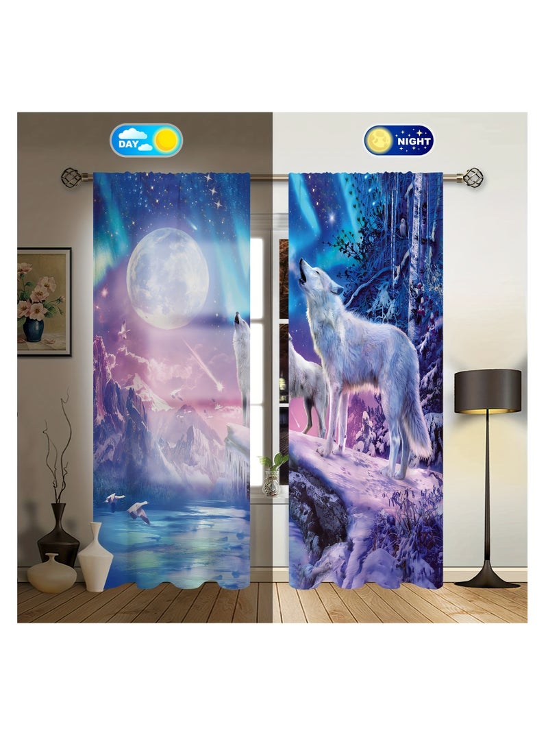 2pcs Wolf Moon Printing Curtain, Rod Pocket Window Treatment For Bedroom Office Kitchen Living Room Study Home Decor, Room Decoration Aesthetic Curtain - Image 3