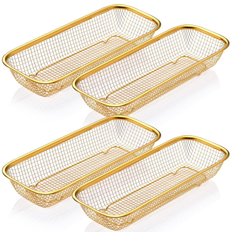 Singhoow 4 Pcs Gold Kitchen Drawer Baskets Stainless Steel Storage Container Mesh Storage Golden Utensil Holder Wire Basket Stackable Drying 12 x 5 x 2 Inch - Image 2