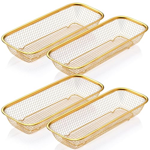Singhoow 4 Pcs Gold Kitchen Drawer Baskets Stainless Steel Storage Container Mesh Storage Golden Utensil Holder Wire Basket Stackable Drying 12 x 5 x 2 Inch - Image 1