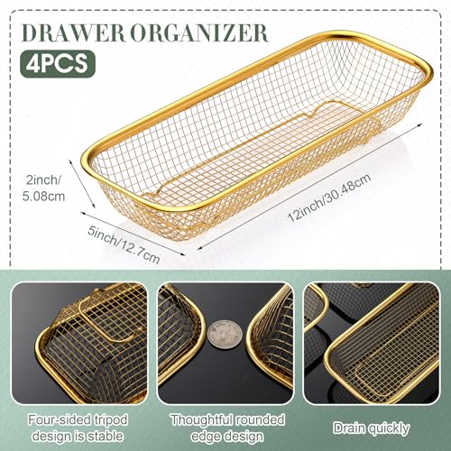 Singhoow 4 Pcs Gold Kitchen Drawer Baskets Stainless Steel Storage Container Mesh Storage Golden Utensil Holder Wire Basket Stackable Drying 12 x 5 x 2 Inch - Image 3