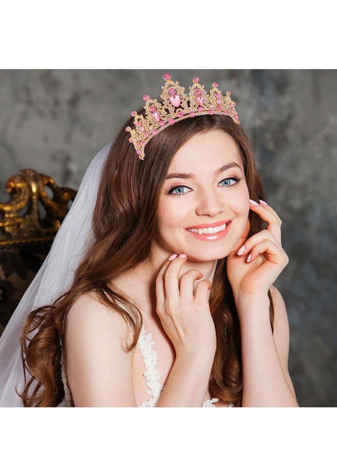 Gold Pink Rhinestone Princess Crown Headband Hair Hoops Hair Accessories Bridal Hairbands Tiara Party Headwear Wedding for Bride, Bridesmaid, Princess, Girl - Image 5
