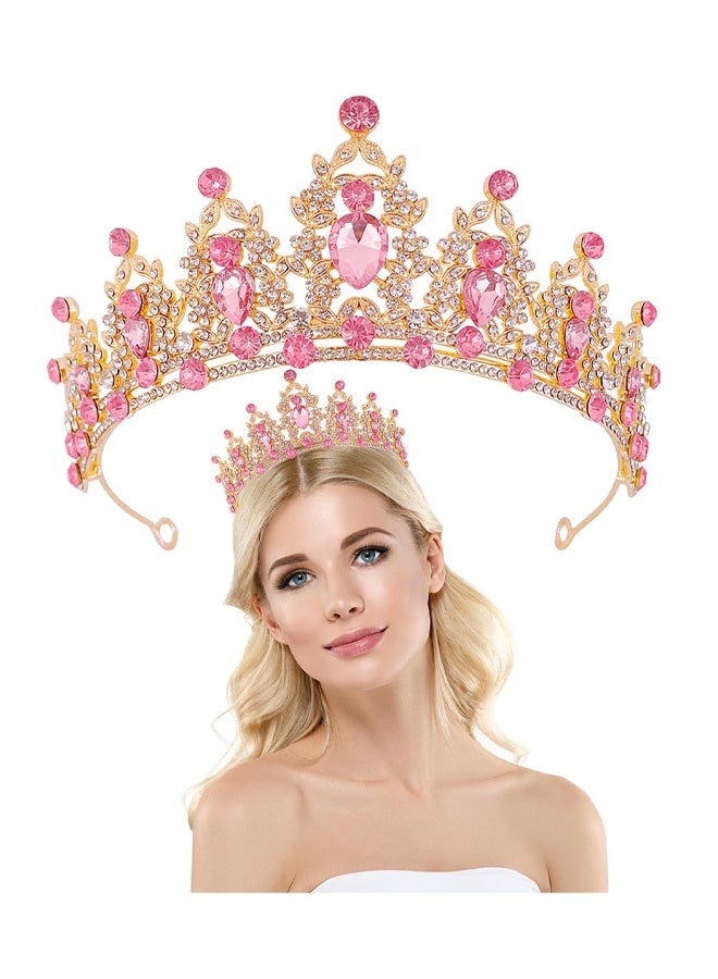 Gold Pink Rhinestone Princess Crown Headband Hair Hoops Hair Accessories Bridal Hairbands Tiara Party Headwear Wedding for Bride, Bridesmaid, Princess, Girl - Image 1