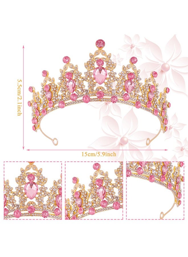 Gold Pink Rhinestone Princess Crown Headband Hair Hoops Hair Accessories Bridal Hairbands Tiara Party Headwear Wedding for Bride, Bridesmaid, Princess, Girl - Image 2
