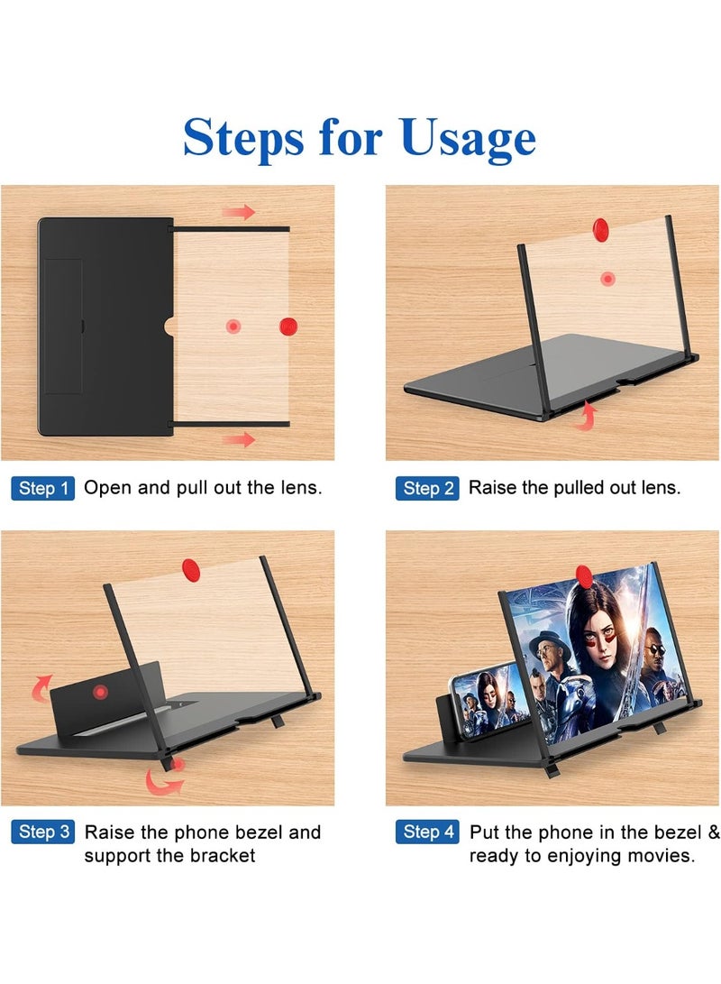 12 "مكبر الشاشة -3D HD مكبر الهاتف المحمول بروجيكتور مكبر الشاشة للأفلام والفيديو والألعاب -قابلة للطي الهاتف الخلوي الوقوف مع مكبر الشاشة -يدعم جميع الهواتف الذكية (الأسود-12 بوصة) - Image 3