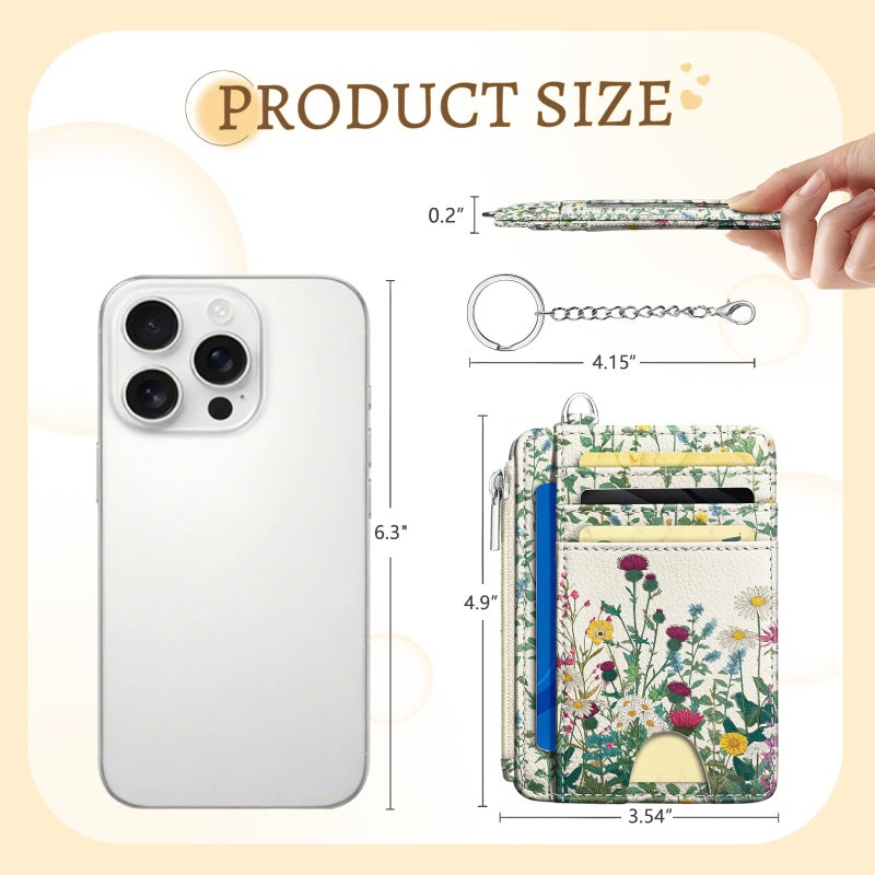 Kelvoris Wildflower Credit Card Holder Small Wallet Women, Flowers Slim RFID Blocking Wallet Woman Keychain with Zipper Coin Pocket, Front Pocket Thin Travel Card Case with ID Window for Ladies Gifts - Image 5