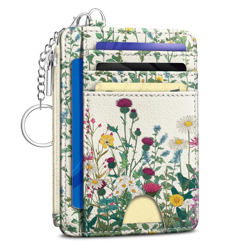 Kelvoris Wildflower Credit Card Holder Small Wallet Women, Flowers Slim RFID Blocking Wallet Woman Keychain with Zipper Coin Pocket, Front Pocket Thin Travel Card Case with ID Window for Ladies Gifts - Image 1