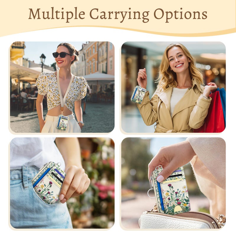 Kelvoris Wildflower Credit Card Holder Small Wallet Women, Flowers Slim RFID Blocking Wallet Woman Keychain with Zipper Coin Pocket, Front Pocket Thin Travel Card Case with ID Window for Ladies Gifts - Image 2