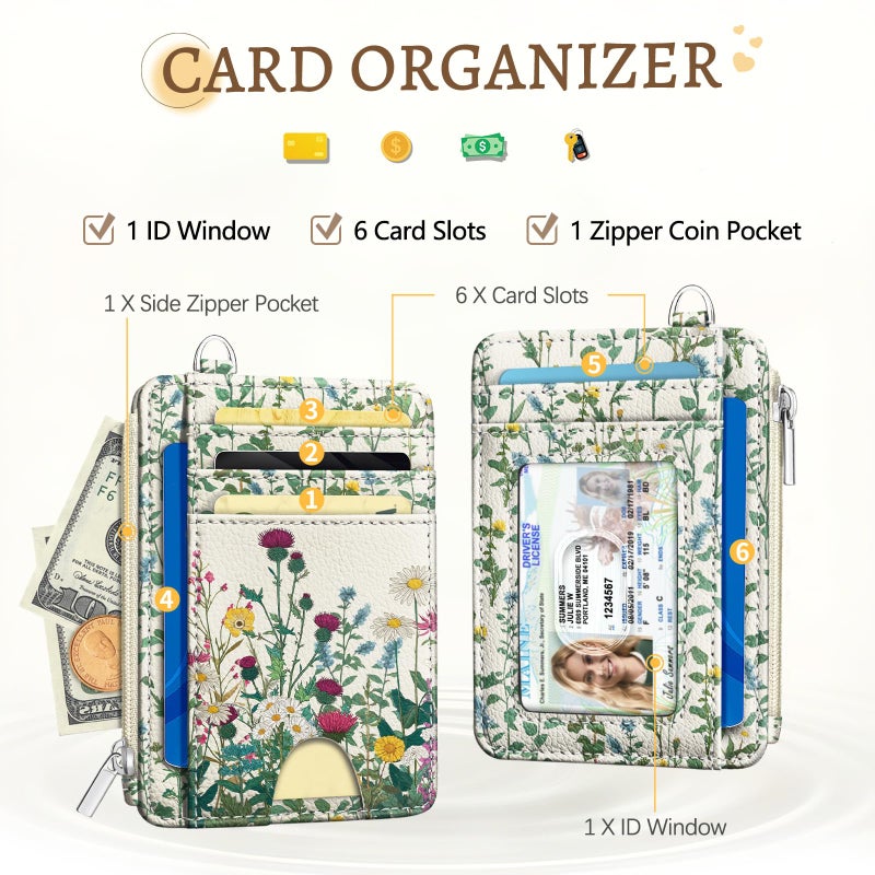 Kelvoris Wildflower Credit Card Holder Small Wallet Women, Flowers Slim RFID Blocking Wallet Woman Keychain with Zipper Coin Pocket, Front Pocket Thin Travel Card Case with ID Window for Ladies Gifts - Image 3