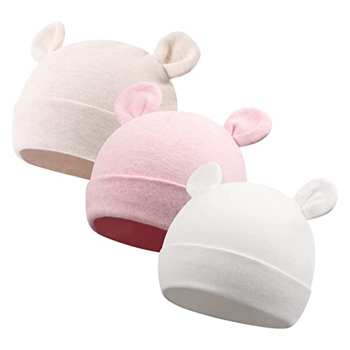 JANGANNSA Cotton Newborn Baby Girls Hat Spring Newborn Boys Hat Cute Rabbit Infant Beanie (White+Pink+Khaki(Premiee/Newborn)) - Image 1