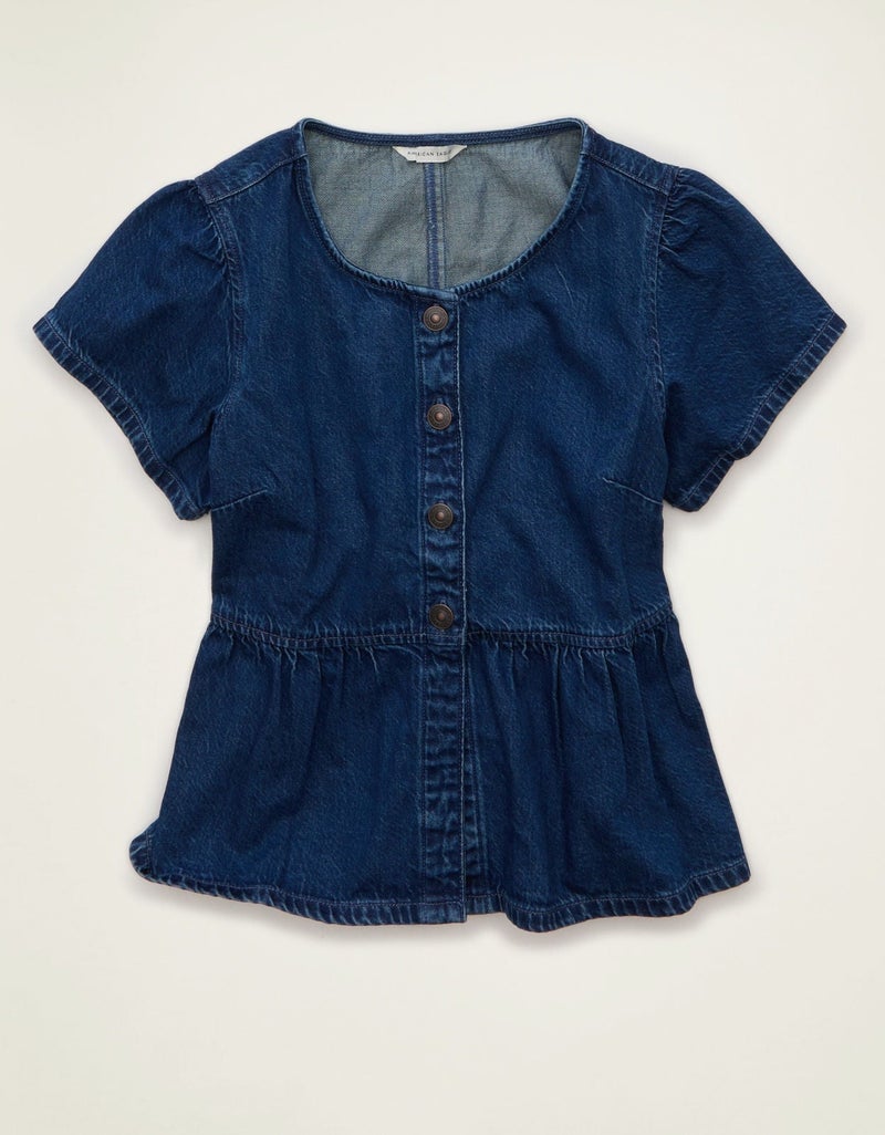 American Eagle AE Short-Sleeve Denim Peplum Top - Image 1