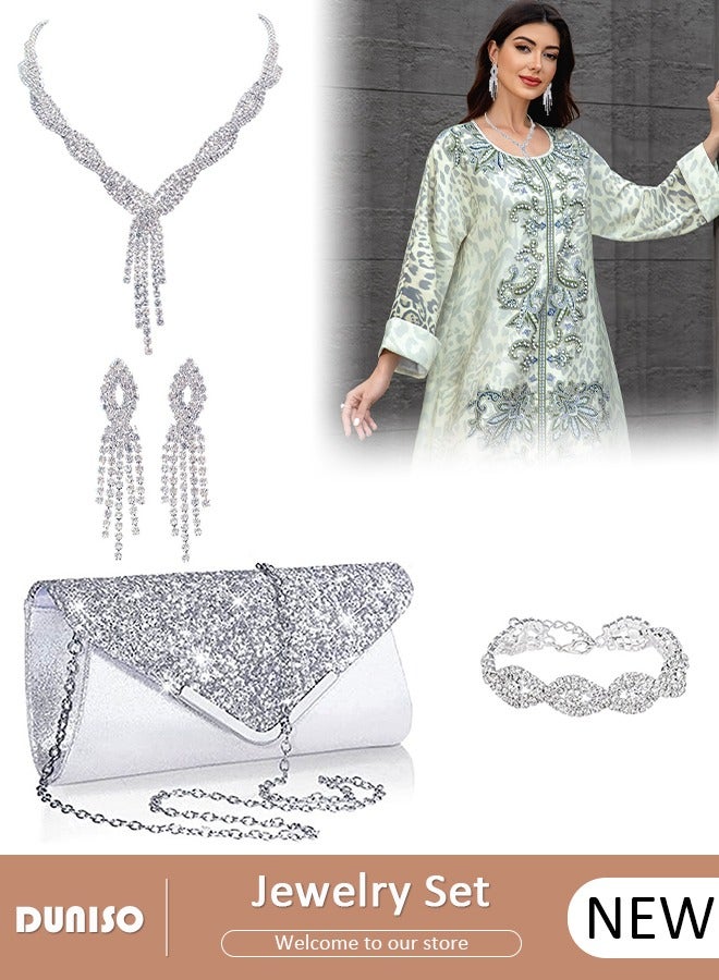 DUNISO 4Pcs Silver Jewelry Set with Clutch Purse, Deluxe Bag for Light Luxury Dinner Party, Rhinestone Ear Clip, Bridal Wedding Choker Bracelet, Fringe Jewelry Set, Women Rhinestone Evening Clutch Bag - Image 1