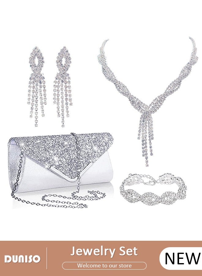 DUNISO 4Pcs Silver Jewelry Set with Clutch Purse, Deluxe Bag for Light Luxury Dinner Party, Rhinestone Ear Clip, Bridal Wedding Choker Bracelet, Fringe Jewelry Set, Women Rhinestone Evening Clutch Bag  - Image 1