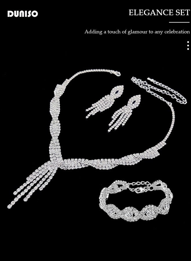DUNISO 4Pcs Silver Jewelry Set with Clutch Purse, Deluxe Bag for Light Luxury Dinner Party, Rhinestone Ear Clip, Bridal Wedding Choker Bracelet, Fringe Jewelry Set, Women Rhinestone Evening Clutch Bag  - Image 5