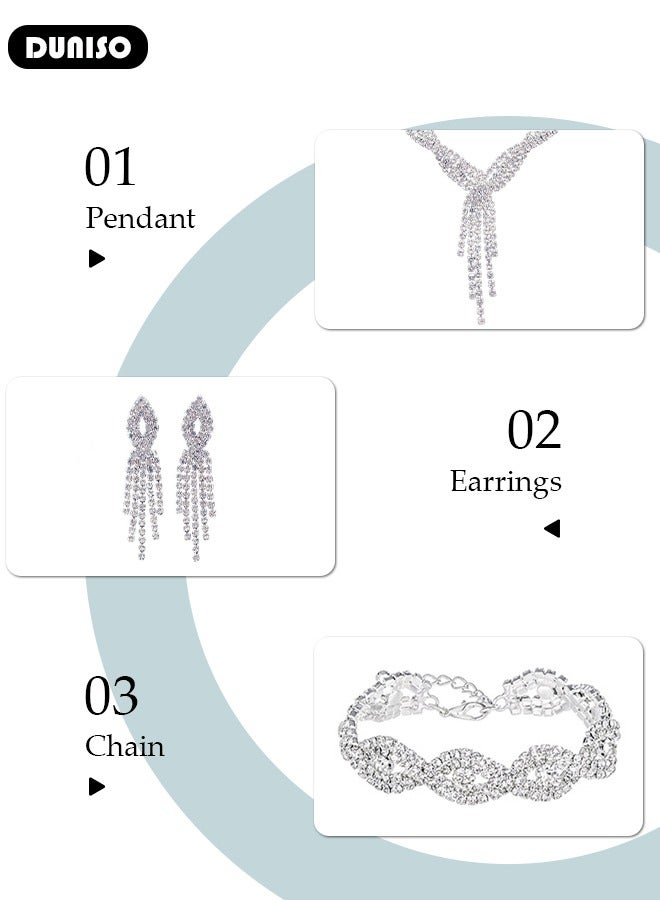 DUNISO 4Pcs Silver Jewelry Set with Clutch Purse, Deluxe Bag for Light Luxury Dinner Party, Rhinestone Ear Clip, Bridal Wedding Choker Bracelet, Fringe Jewelry Set, Women Rhinestone Evening Clutch Bag  - Image 2