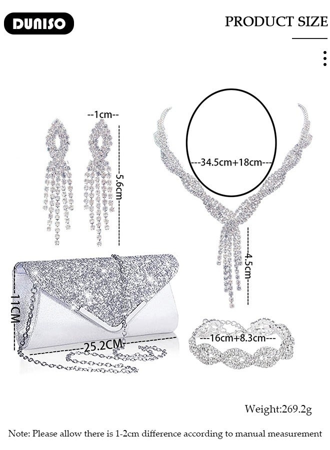 DUNISO 4Pcs Silver Jewelry Set with Clutch Purse, Deluxe Bag for Light Luxury Dinner Party, Rhinestone Ear Clip, Bridal Wedding Choker Bracelet, Fringe Jewelry Set, Women Rhinestone Evening Clutch Bag  - Image 4