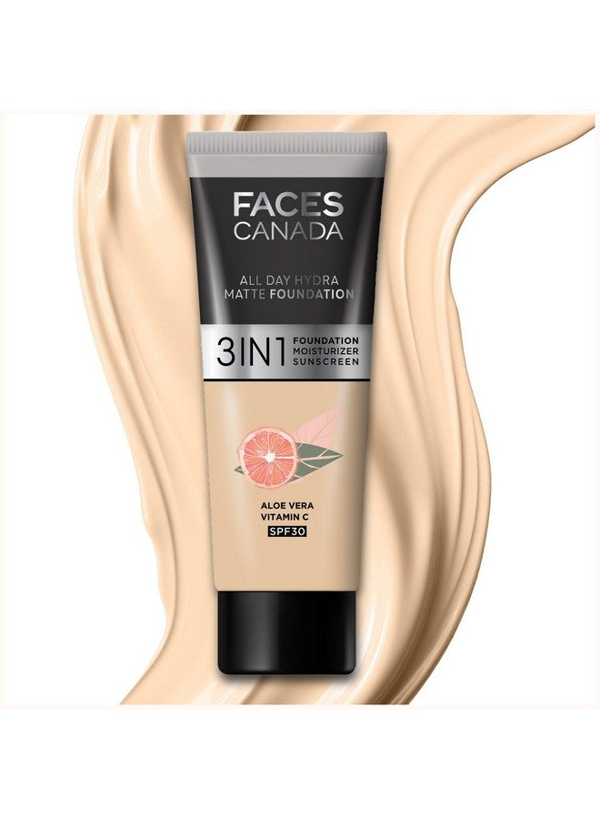 فاسيسكانادا Faces Canada All Day Hydra Matte Foundation Mini 3In1 Foundation + Moisturizer + Spf 30 24 Hr Aloe Hydration & Vitamin C 10Hr Long Wear متوسطة إلى عالية التغطية القابلة للبناء العاج المطلق 15 مل - Image 1