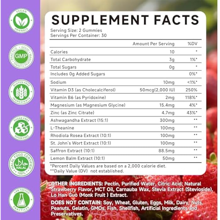 Mchokuu Saffron Supplements Gummies for Kids & Adults Vision, Zzz, Focus & Cortisol with Ashwagandha, L-Theanine, Rhodiola Rosea, St.John's Wort, Lemon Balm, Vitamin D3, B6, Magnesium & Zinc, Strawberry, 60Ct - Image 2
