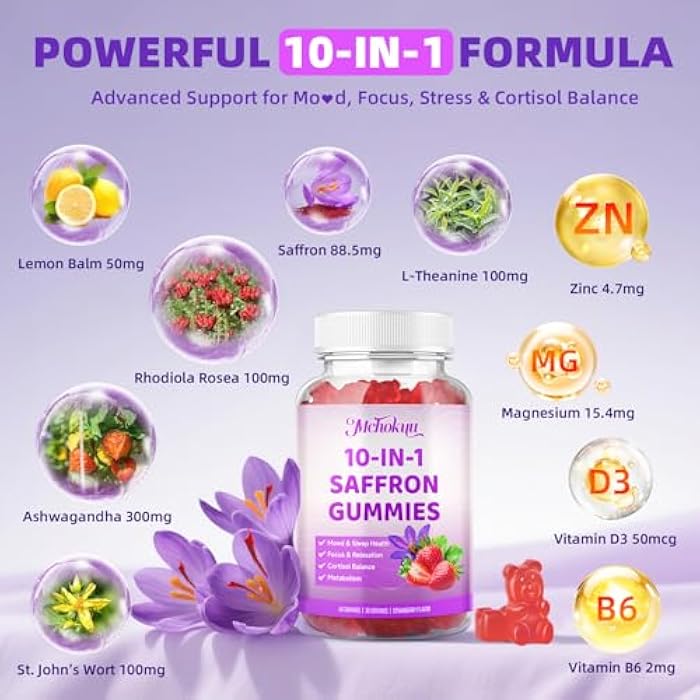 Mchokuu Saffron Supplements Gummies for Kids & Adults Vision, Zzz, Focus & Cortisol with Ashwagandha, L-Theanine, Rhodiola Rosea, St.John's Wort, Lemon Balm, Vitamin D3, B6, Magnesium & Zinc, Strawberry, 60Ct - Image 3