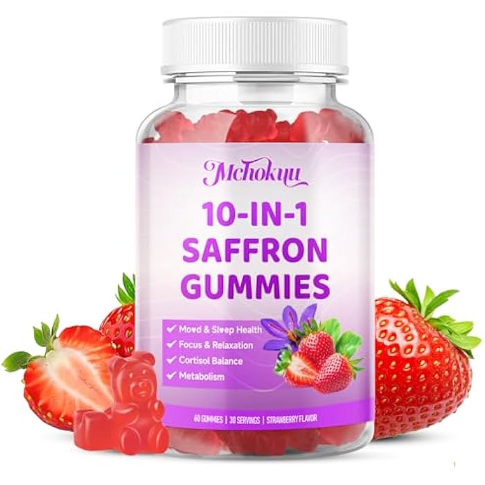 Mchokuu Saffron Supplements Gummies for Kids & Adults Vision, Zzz, Focus & Cortisol with Ashwagandha, L-Theanine, Rhodiola Rosea, St.John's Wort, Lemon Balm, Vitamin D3, B6, Magnesium & Zinc, Strawberry, 60Ct - Image 1
