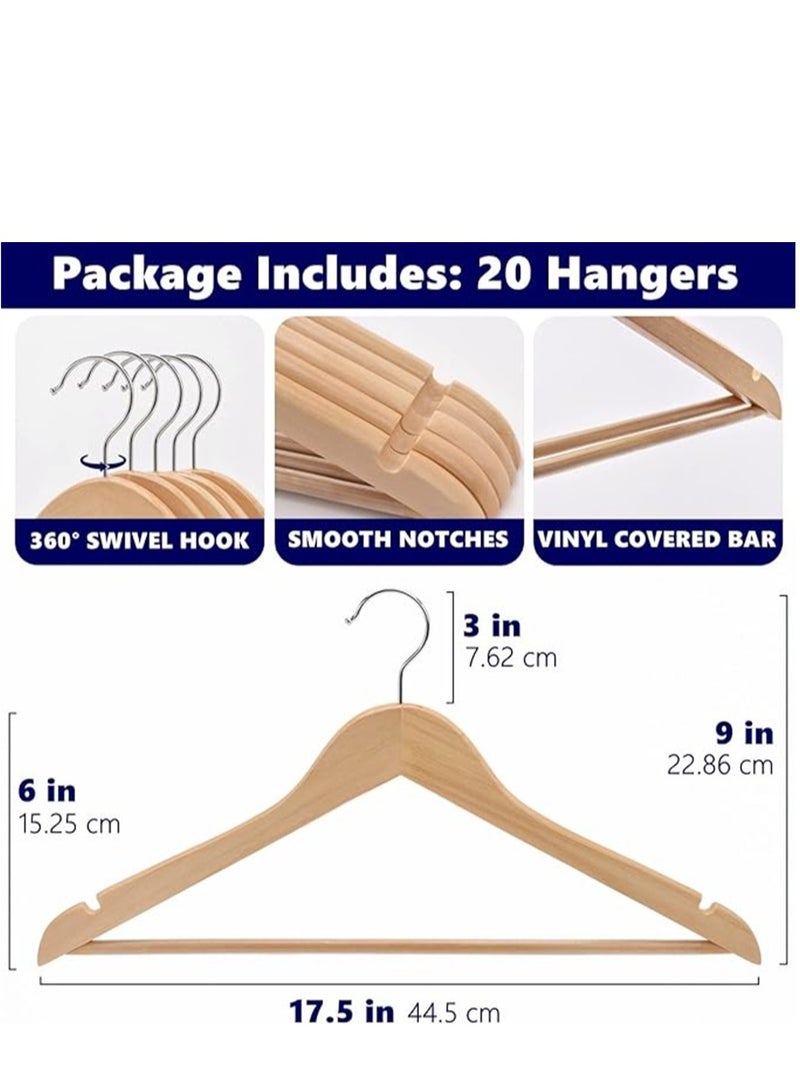 Wooden Hangers 20 Pack, Natural Wood Coat Hangers with Non Slip Pants Bar, 360° Swivel Hook and Shoulder Notches for Skirts Jacket Pants and All Clothes (20Pcs, YJ-001) - Image 3