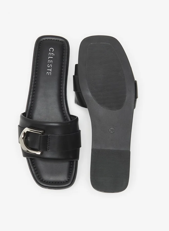 Celeste Women Solid Slip On Sandals with Metal Accent