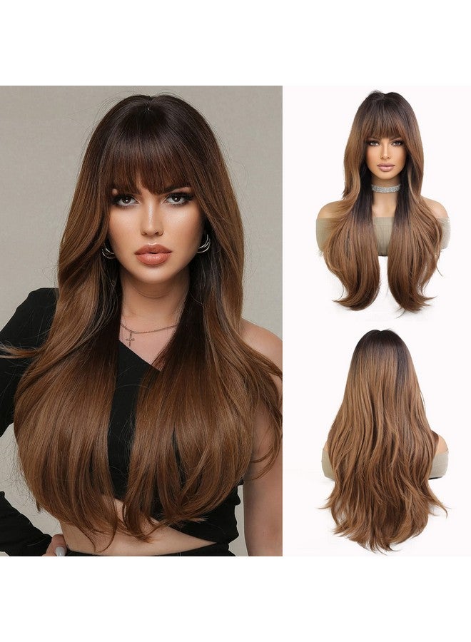 Esmee Long Wavy Dark Brown Wigs For Women Natuaral Synthetic Hair Ombre Wig With Fringe For Daily Party Cosplay Use24 Inches - Image 1