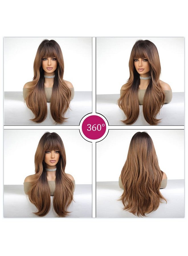 Esmee Long Wavy Dark Brown Wigs For Women Natuaral Synthetic Hair Ombre Wig With Fringe For Daily Party Cosplay Use24 Inches - Image 5