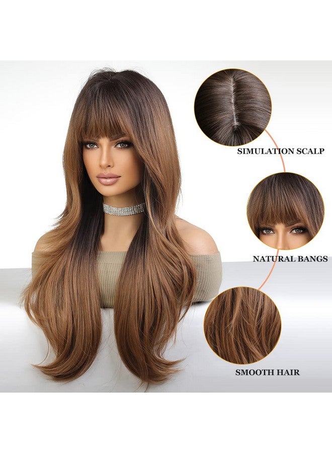 Esmee Long Wavy Dark Brown Wigs For Women Natuaral Synthetic Hair Ombre Wig With Fringe For Daily Party Cosplay Use24 Inches - Image 3