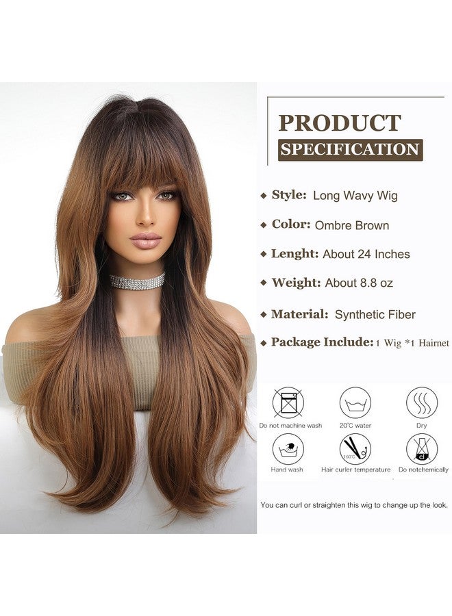 Esmee Long Wavy Dark Brown Wigs For Women Natuaral Synthetic Hair Ombre Wig With Fringe For Daily Party Cosplay Use24 Inches - Image 2