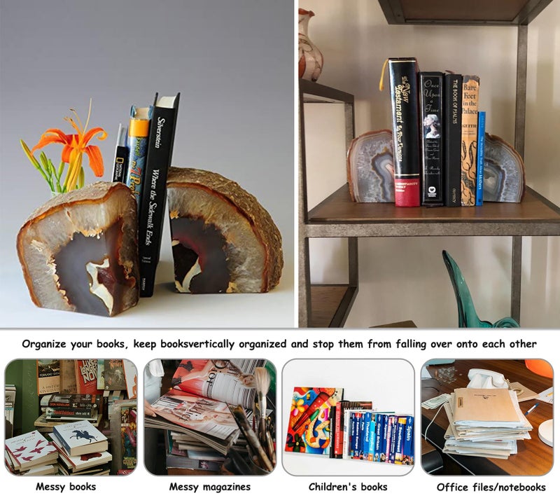 AMOYSTONE Heavy-Duty Agate Bookends, Natural Decorative Book Ends for Heavy Books, Crystal Book Stopper 6-8 LBS with Non-Slip Mat, Perfect for Office and Home Shelves - Image 3