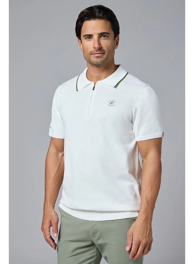 Mannerism The Snowfall White Cotton Polo with Subtle Zip Comfort Fit