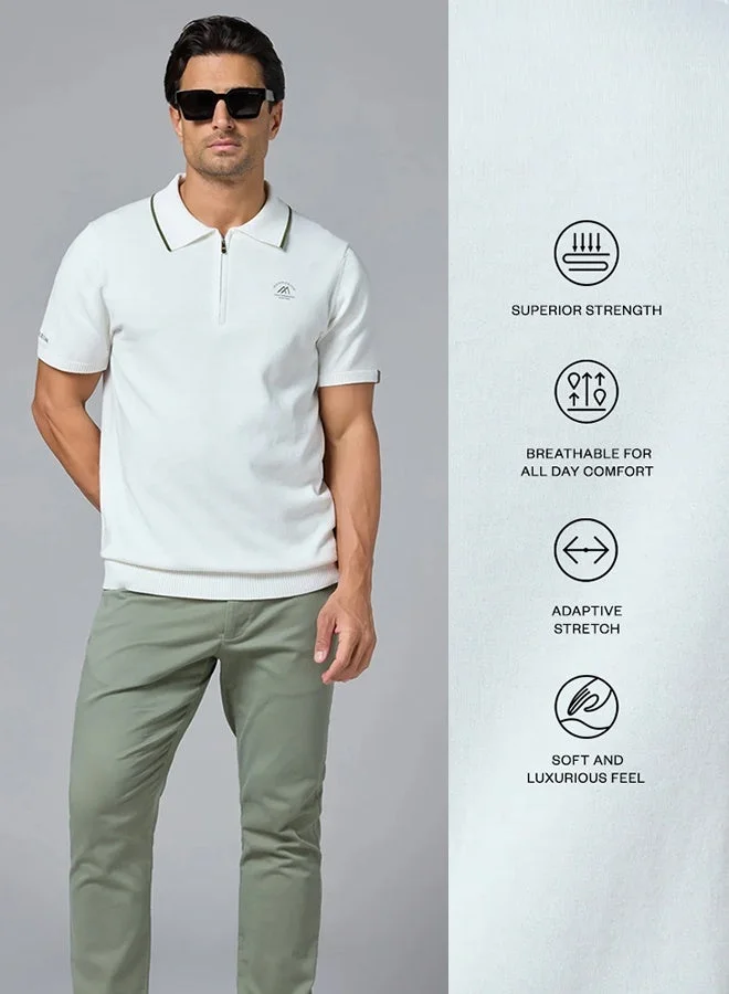 MANNERISM  The Snowfall White Cotton Polo with Subtle Zip Comfort Fit for Men | Best Price UAE
