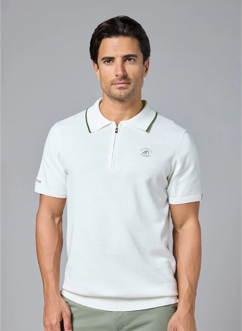 مانرزم The Snowfall White Cotton Polo with Subtle Zip Comfort Fit