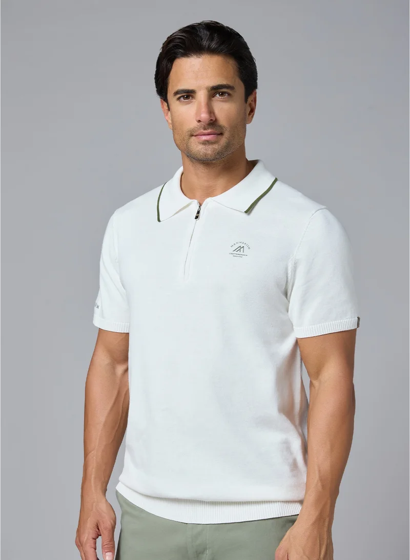 مانرزم The Snowfall White Cotton Polo with Subtle Zip Comfort Fit