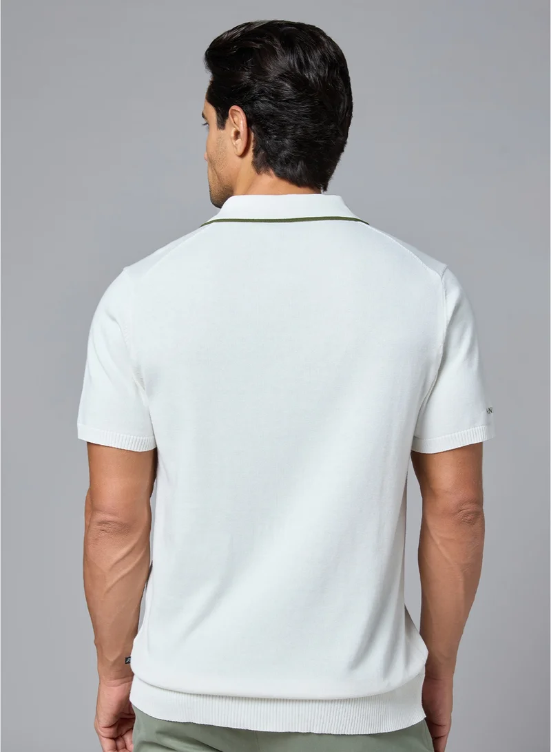 MANNERISM  The Snowfall White Cotton Polo with Subtle Zip Comfort Fit for Men | Best Price UAE