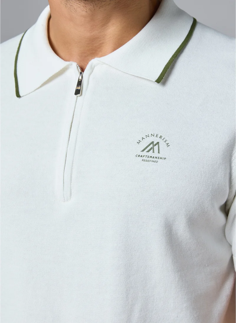 MANNERISM  The Snowfall White Cotton Polo with Subtle Zip Comfort Fit for Men | Best Price UAE