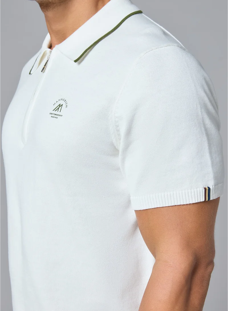 MANNERISM  The Snowfall White Cotton Polo with Subtle Zip Comfort Fit for Men | Best Price UAE