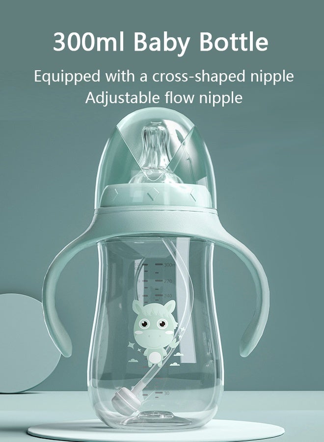 زجاجة رضاعة للأطفال حديثي الولادة، عبوة واحدة، سعة 300 مل، سهلة التنظيف، تصميم مزدوج مضاد للمغص، مع حلمة ذات تدفق متغير مقطوعة بشكل متقاطع - Image 1