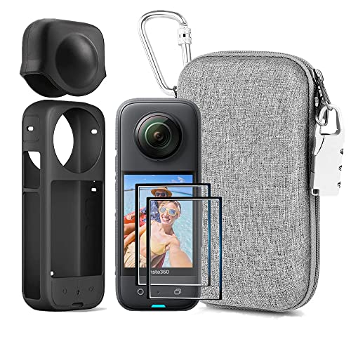 LEWOTE 7in1 Compatible with Insta360 X3 Accessories Kit[Silicone Camera Case Cover and Lens Cap][2Pcs 3D Screen Protector Film][Carrying Case Bag with Auto Locking Carabiner and Anti-loss Lock] - Image 1