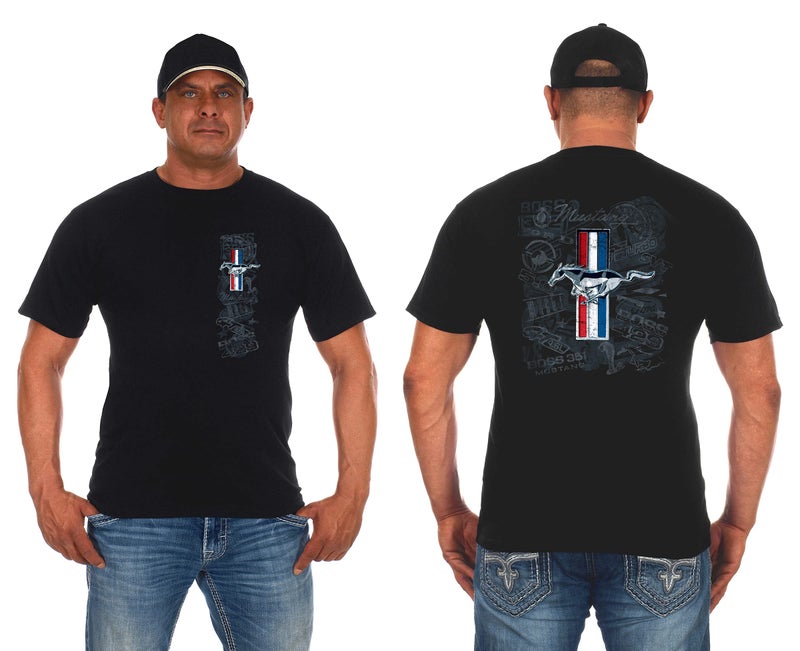 JH DESIGN GROUP Mens Ford Mustang Tri-Bar Pony Distressed Collage T-Shirt (Black, X-Large, x_l) - Image 1