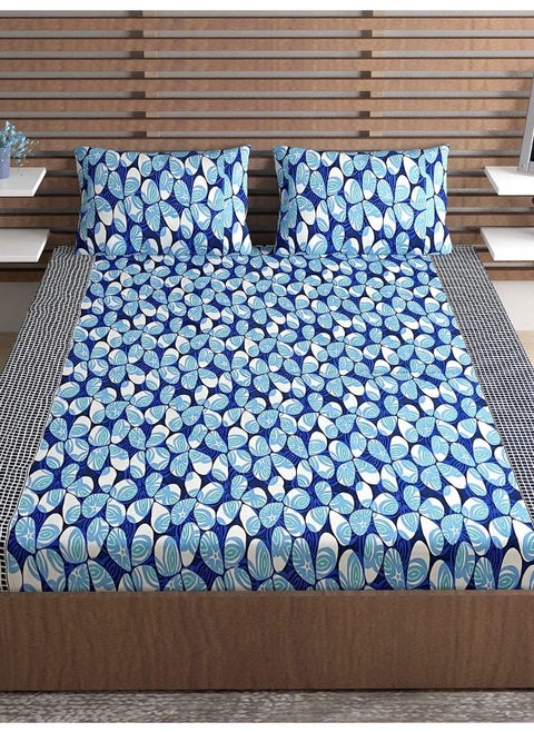 URBAN MAGIC Blue Flowers with Black Geometric Lines Printed Elastic Fitted Double Bedsheet with 2 Pillow Covers