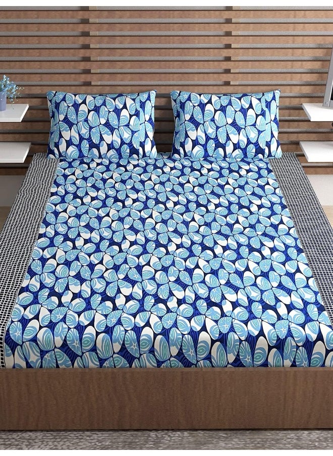 URBAN MAGIC Blue Flowers with Black Geometric Lines Printed Elastic Fitted Double Bedsheet with 2 Pillow Covers